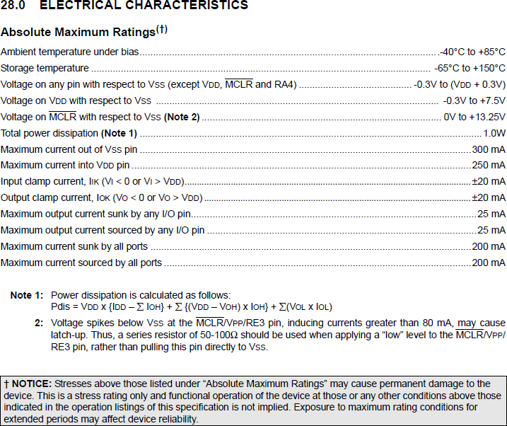 Die 'Electrical characteristics' Im Kapitel mit den elektronischen Charakteristiken (Elektronische Angaben) sind die wichtigsten Angaben zu finden, welche nicht missachtet werden sollten.