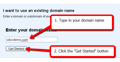 3. Geben Sie Ihren UIBC Domain-Namen (in Kleinbuchstaben, kein www erforderlich) ein, dann klicken Sie auf die "Get