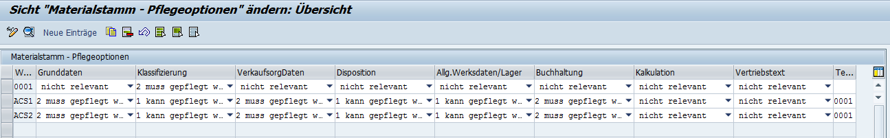 Anlage via MS-Excel: Prüfung auf Materialstammsichten In einer Transaktion kann pro Werk hinterlegt werden, welche Materialstammsichten obligatorisch vorhanden sein müssen und welche optional sind.