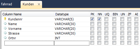 Datenbankmodellierung Die Tabelle bekommt den Namen Kunden Mit ENTER Ü gelangt man direkt in das Register Columns. Hier werden die Attribute der Tabelle festgelegt.
