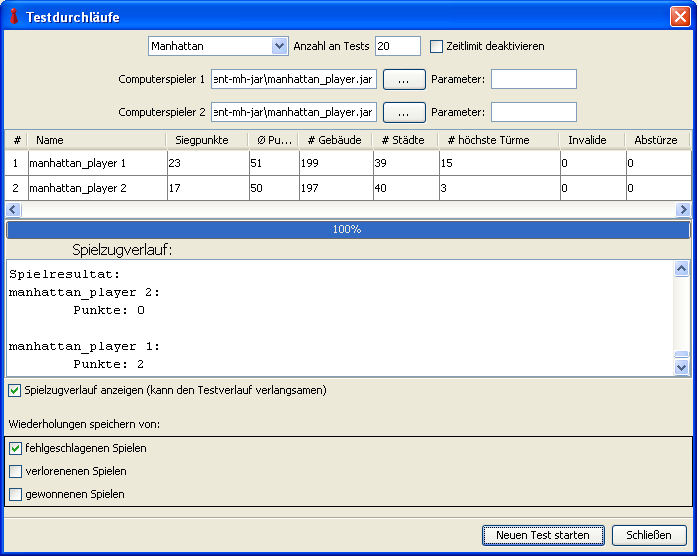Testdurchläufe Über das Menü Spiel Testdurchläufe gelangt man zum unten abgebildeten Konfigurationsfenster.