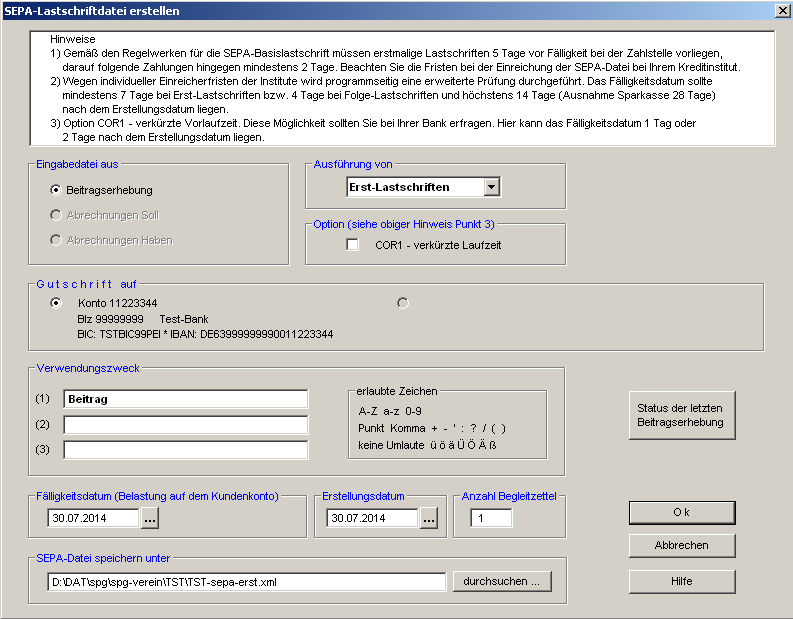 2.1.2 Ausgabe als SEPA-Datei (ab 01.02.2014 verbindlich) Es öffnet sich nun die jeweilige Maske für die Erstellung der Zahlungsverkehrsdatei.