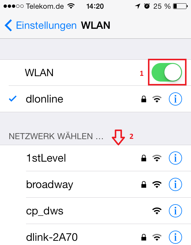 3. Auswahl des WLANs. Stellen Sie bitte sicher, das WLAN Ihres Apple Mobile-Gerät eingeschaltet ist (1). Unter NETZWERK WÄHLEN (2) wählen Sie nun das WLAN Ihres D-Link WLAN-Routers aus.