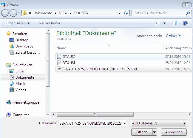 Über den Menüpunkt Datei Datenübernahme DTA-Datei/SEPA-XML-Datei importieren wird der Datei-Dialog geöffnet, mit dem die zu importierende