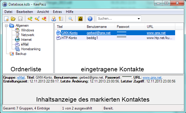 Datenbankfenster mit Einträgen Das Fenster der Datenbank. Im linken Bereich gibt es Kategorien-Ordner.