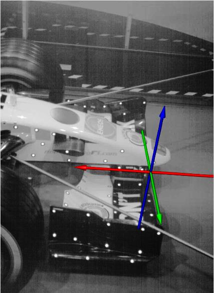 Wind Tunnel Test Aerodynamische Studie einen Formel 1 Frontflügels Prüfstand mit bewegender Fahrbahn im Windkanal 3D Koordinaten, abgeleitet von den Punktmarken auf der Vorderabdeckung (grüne