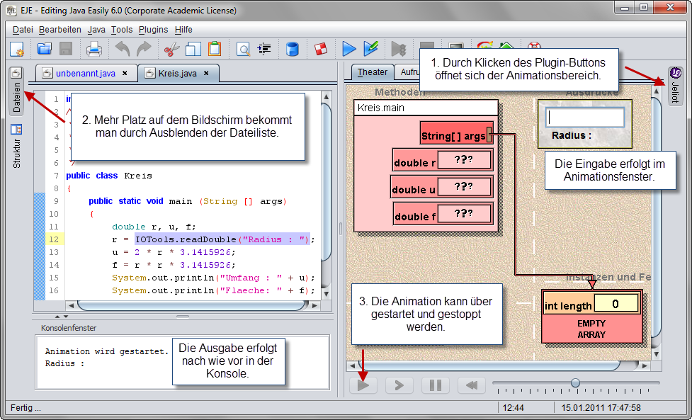 1 Hands-On Programming mit Editing Java Easily Play-Button abspielen. Die Geschwindigkeit wird über den Schieberegler eingestellt.