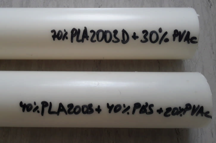 Rohre aus Biokunststoff einschichtiges Rohr Ergebnisse schlagzähmodifizierte Polymilchsäure VinylacetatEthylenCopolymer (PVAc) und PBS sind sehr effektive Schlagzähmodifikatoren für PLA ab 10% PVAc