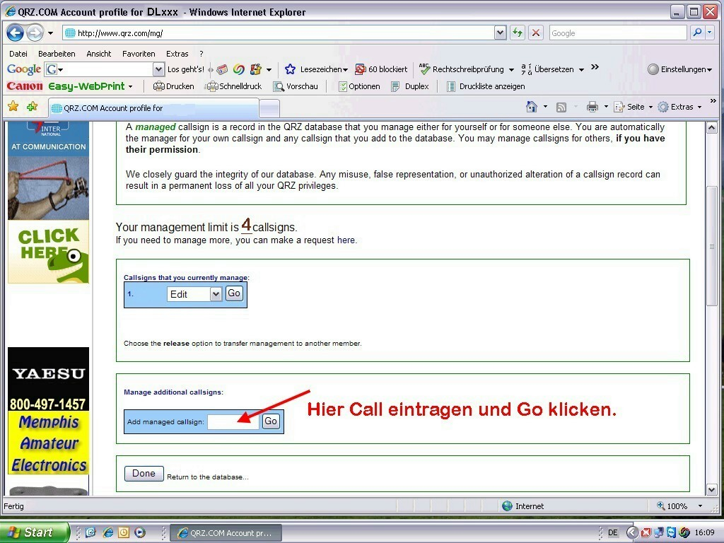 Bild 11 Klicken Sie auf: MGR (Manager) Bild 12 Im Feld Manage additional callsigns das Call