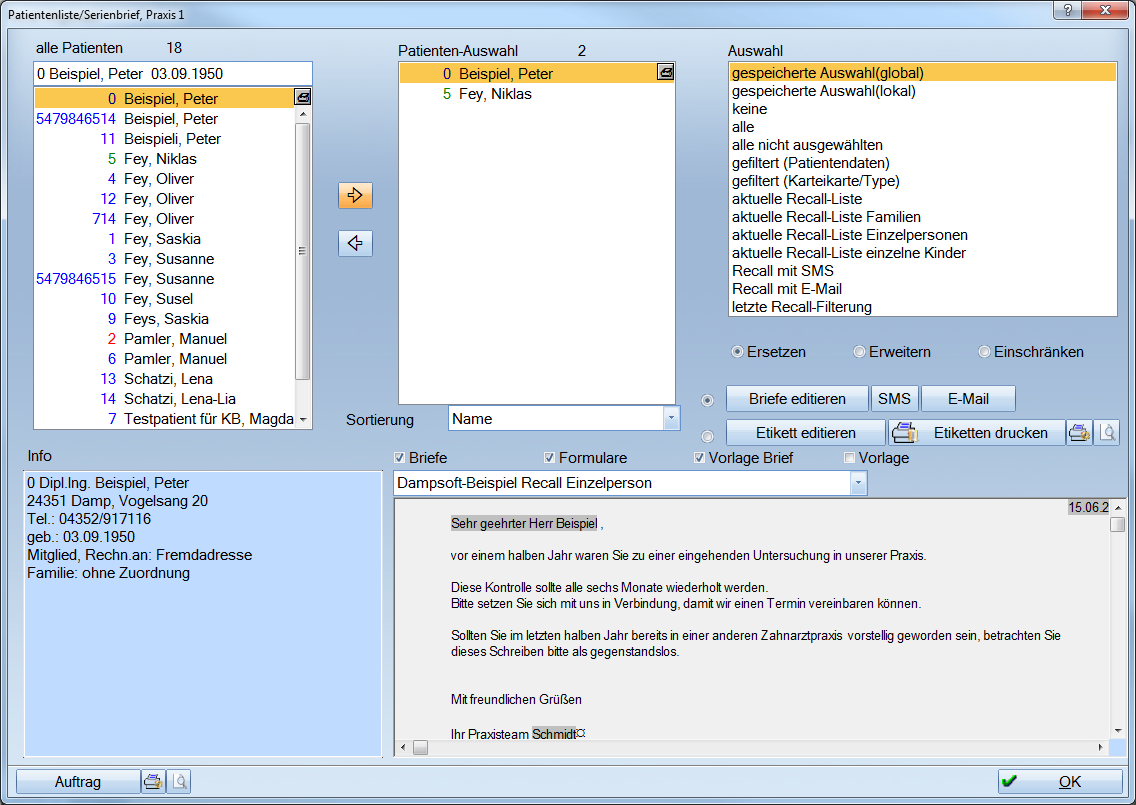 5. Recallpatienten anschreiben / anrufen / Email / SMS Seite 8/0 Nachdem Ihre Patienten gefiltert worden sind, können Sie jetzt Ihre Patienten bearbeiten, indem Sie Ihren Patienten einen Brief, eine