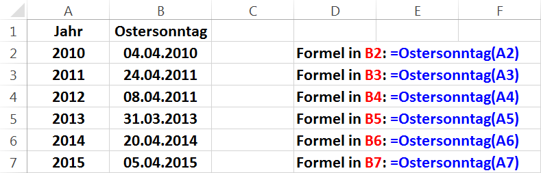 Benutzerdefinierte Funktionen in Excel 2013 Seite 5 von 12 Berechnung des Ostersonntags Mit einer sehr interessanten Funktion können Sie das Datum des Ostersonntags bestimmen.
