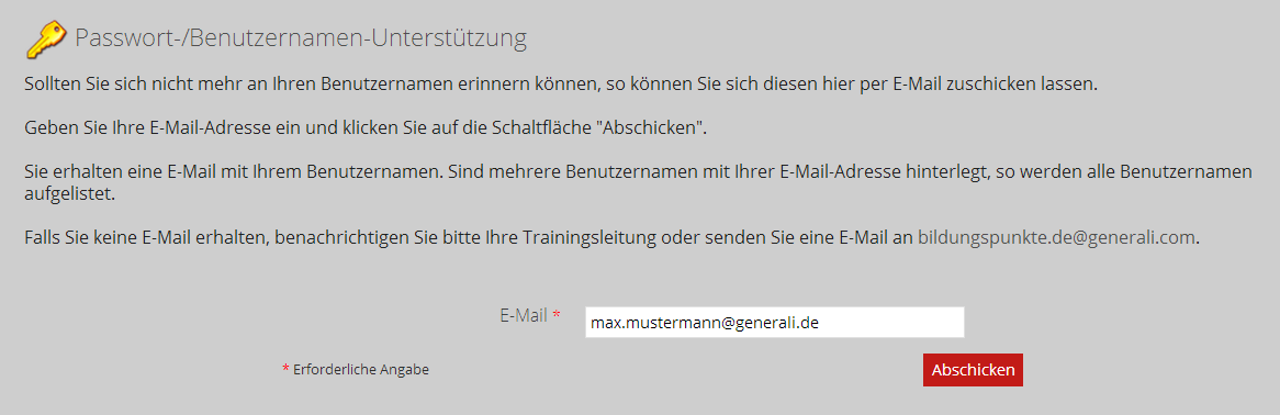 Generali Online Akademie 9 Benutzernamenunterstützung (2/2) Sollten Sie sich nicht mehr an Ihren Benutzernamen erinnern,