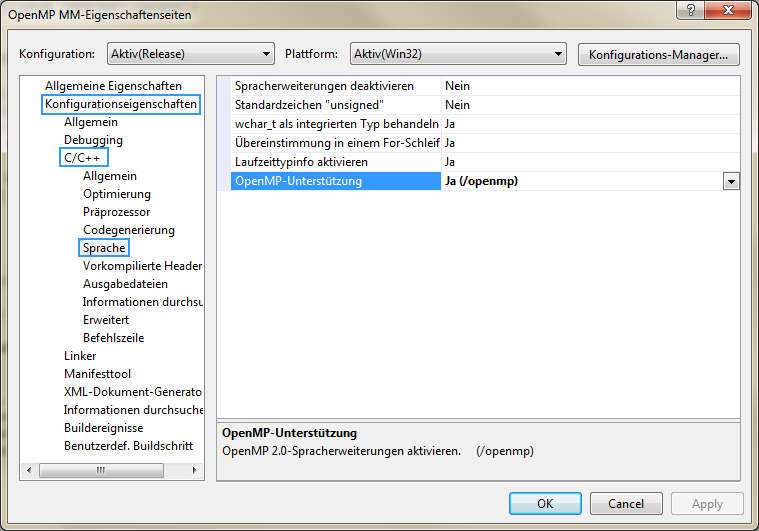 OpenMP Compilereinstellungen (1) Microsoft Visual C++ Über die Projekteigenschaften in Microsoft Visual Studio Über
