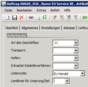 4. Buchungen Faktura über Kundenauftrag: b) Dienstleistung nach Belgien: Im Auftragskopf sind die UID des Kunden und die Mehrwertsteuergruppe