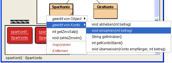 Die Unterklasse in BlueJ Diese Pfeile zeigen an, dass SparKonto und Girokonto Unterklassen von Konto sind.