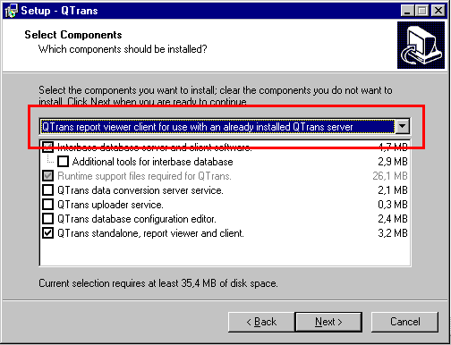 1 Installation QTrans V2.0 unter Windows NT4 1.1 Unterstützte Funktionen Unter NT4 wird nur der Betrieb von QTrans im Report-Client-Modus unterstützt, d. h.