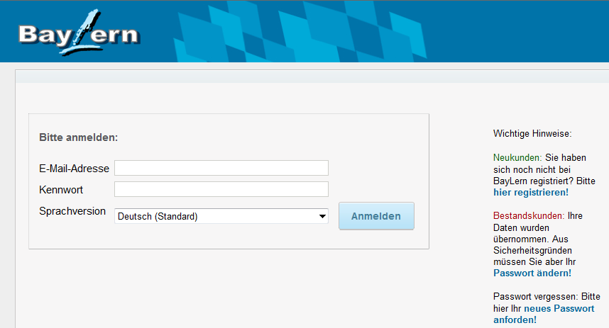 1. Anmeldung Wenn Sie sich bei BayLern erfolgreich registriert haben, können Sie anschließend auf die Anmeldeseite wechseln. Der Link lautet: https://www.baylern.