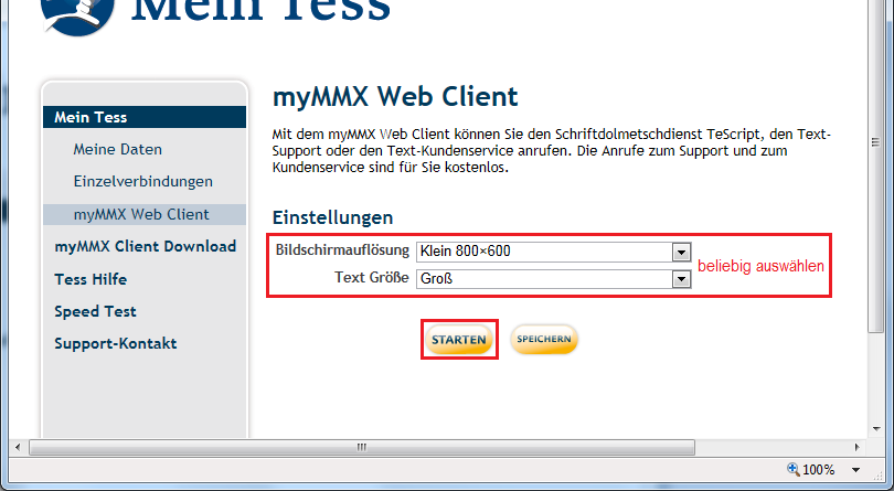 1. Klicken Sie nach dem Einloggen auf die Zeile "mymmx Web Client" im linken Feld. 2.