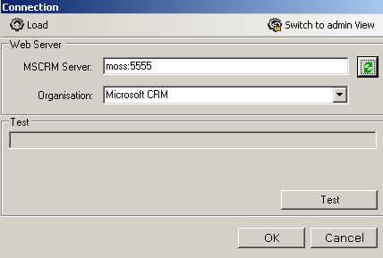 2.8.1 Connection-Dialog 1 2 3 4 5 1. Load Ermöglicht Ihnen, gespeicherte Profile zu laden. 2. Ansicht ändern Hier wechseln Sie zur Administratoransicht. 3. MSCRM Server Hier müssen Sie den CRM- Servernamen eingeben.