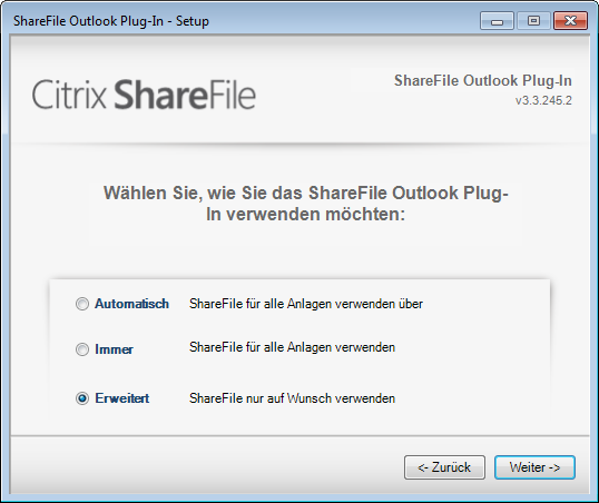 4.7 Outlook-Plugin Sobald ShareFile installiert wurde und das Outlook nach der Installation das erste Mal gestartet wird, öffnet sich dieses PopUp Fenster.