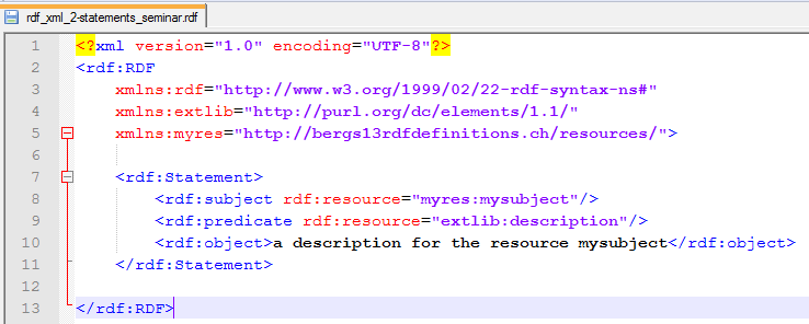 2.1.2.2 RDF im XML Format 2 (Statement: S, P, O) Hier ein zweites (kleines) Beispiel für ein Statement in RDF: 2.1.2.3 RDF im Turtle Format Eine RDF Datei kann auch in anderen Formaten als XML erstellt werden.