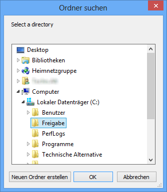 Mit einem Klick auf das Menü bei Ordner-Pfad und Ändern kann im Anschluss der Freigabe-Ordner auf Windows 8 gewählt werden: In diesem Beispiel wird der zuvor
