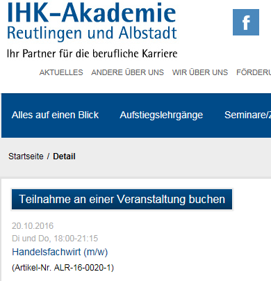 Rufen Sie uns an oder schicken Sie uns eine E-Mail. Lehrgangsort Reutlingen: IHK-Akademie Reutlingen Frau Sabine Schwinghammer Allmendstr.