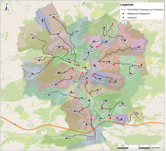 4.4 Netzwerkanalyse 16 Erreichbarkeit der Hausärzte in Jena zu Fuß Abb.