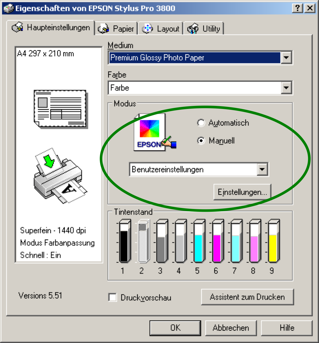 6.3.... mit einem Epson Tintenstrahldrucker unter Windows XP Klicken Sie nun auf den Button Drucker und nachfolgendes Menü erscheint.
