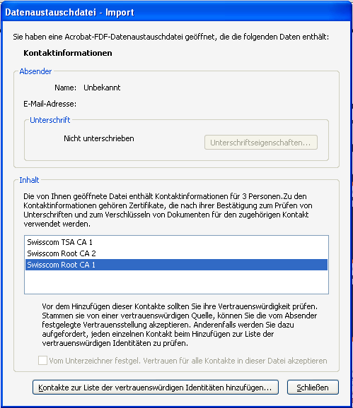 4 Anleitung zur Prüfung qualifizierter elektronischen Signaturen Damit die Software die Signaturprüfung durchführen kann, müssen die CA-Zertifikate der Swisscom auf dem Rechner installiert sein.