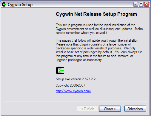 1. Woher bekomme ich cygwin? Cygwin ist im Internet auf http://www.cygwin.com/ zu finden. Dort lädt man sich die setup.exe in ein beliebiges Verzeichnis herunter. 2. Wie installiere ich cygwin?