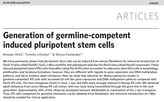 Published Nature online ahead of press, June 7th, 2007 Erzeugung pluripotenter Stammzellen durch Überepression