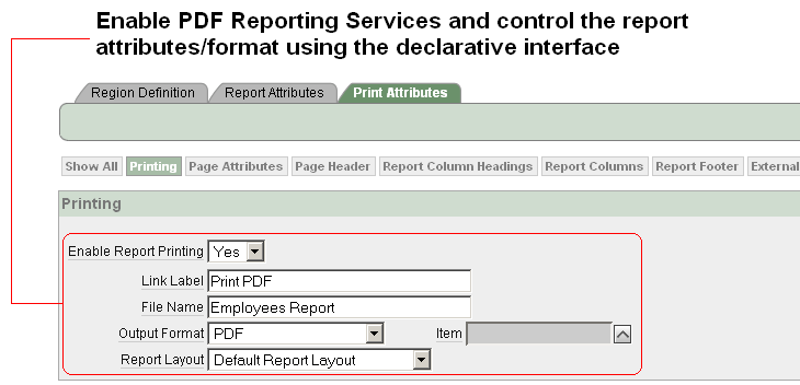 Deklarative PDF Reporting Services Aktivierung der Report Print Attributes Reportausgabeformat
