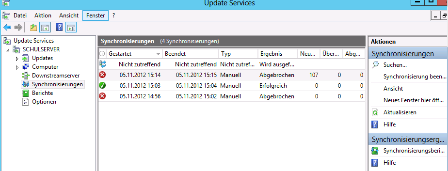 Lege den Zeitpunkt fest, wann vom Microsoft Server die Updates runtergeladen werden sollen Klicke Fertig stellen Starte den ServerManager Wähle Tools Windows Server Update Services Konfiguration der