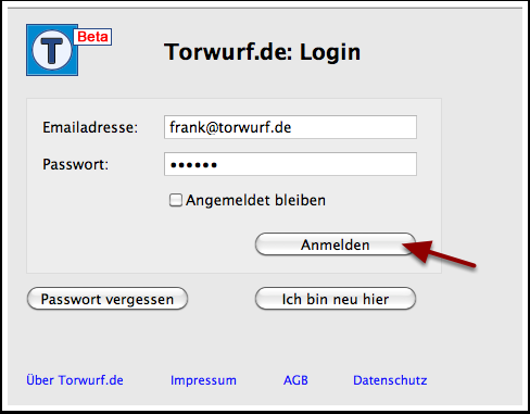 Deine Zugangsdaten mit temporärem Passwort In der Email findest Du auch einen Link zur Web-App von Torwurf.de inkl. der Anmeldedaten, die Du benötigst.
