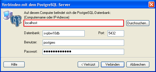Installation 2.2 Verbindung zum Server herstellen Nach Abschluss der Installation muss eine Verbindung zum postgresql-datenbankserver hergestellt werden.