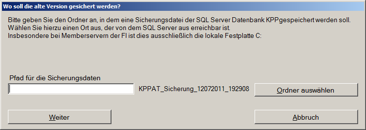 Tragen Sie anschließend den Namen des SQL Servers in der Form SERVERNAME\INSTANZNAME ein, der die KPPAT-Datenbank enthält oder lassen Sie alle lokal verfügbaren SQL Server suchen.