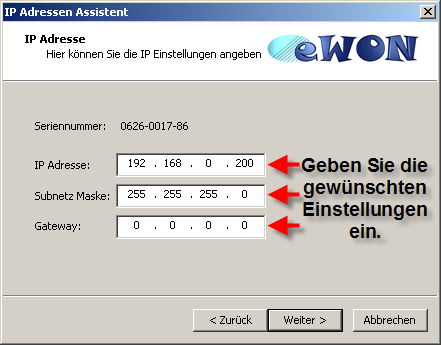 3.1 Ändern der IP Adresse Standardmäßig wird das ewon mit der IP Adresse 10.0.0.53 ausgeliefert.