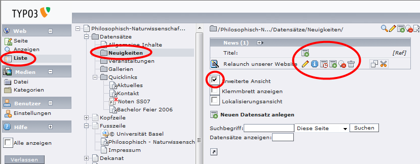 Spezielle Elemente News Die News werden im Modul Liste unter News verwaltet.