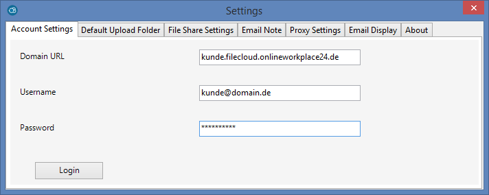 In dem Reiter File Share Settings können Sie festlegen ob Dateien als Anhang oder Link zu Ihrer Filecloud geteilt werden.