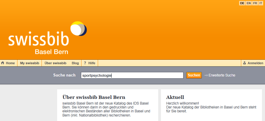 5 Eine Suche durchführen Swissbib Basel Bern bietet Ihnen 2 Suchmöglichkeiten. 5.1 Einfache Suche Ein Stichwort / mehrere Suchwörter können in Google-Manier eingegeben werden 5.