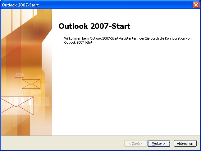 Beim ersten Start von Microsoft Outlook 2007 erhalten Sie den Installations-Assistent.