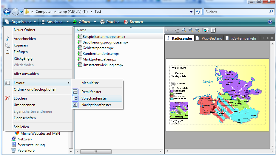 Dateivorschau im Windows Explorer (ab Vista) und in Outlook (ab 2007) EasyMap 9.3 unterstützt die Dateivorschau im Windows Explorer (ab Windows Vista) auf allen Computern, auf denen EasyMap 9.
