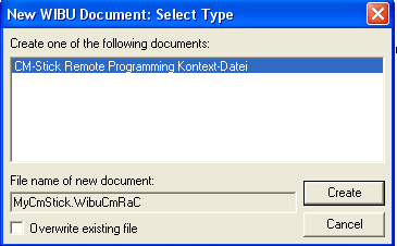 Nun klicken Sie als nächstes auf den gesuchten Menüpunkt WIBU Control File Es erscheint nun ein Dialogfenster wie folgt.