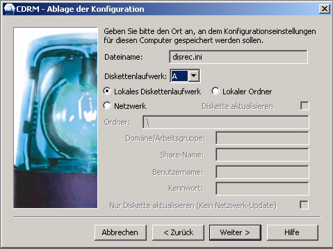 In der folgenden Eingabemaske können Sie sich entscheiden ob die Serverkonfiguration auf Diskette oder innerhalb einer Freigabe abgelegt werden soll. Option Lokales Diskettenlaufwerk Abb.