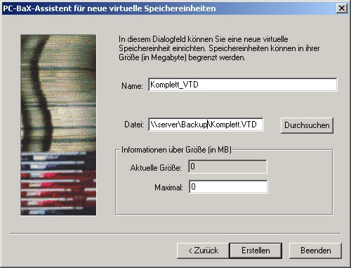 Abb.: Virtuelle Speichereinheit anlegen Füllen Sie nun die Eingabefelder aus. Name Geben Sie hier den gewünschten Namen der zu erstellenden Speichereinheit ein.