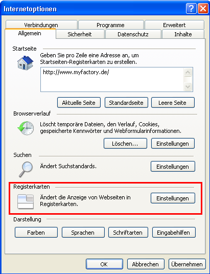 2009 myfactory International GmbH Seite 14 von 15 Einstellungen für Registerbrowser Der Internet Explorer bietet die Möglichkeit, mehrere Browserfenster in Registerkarten zu öffnen.