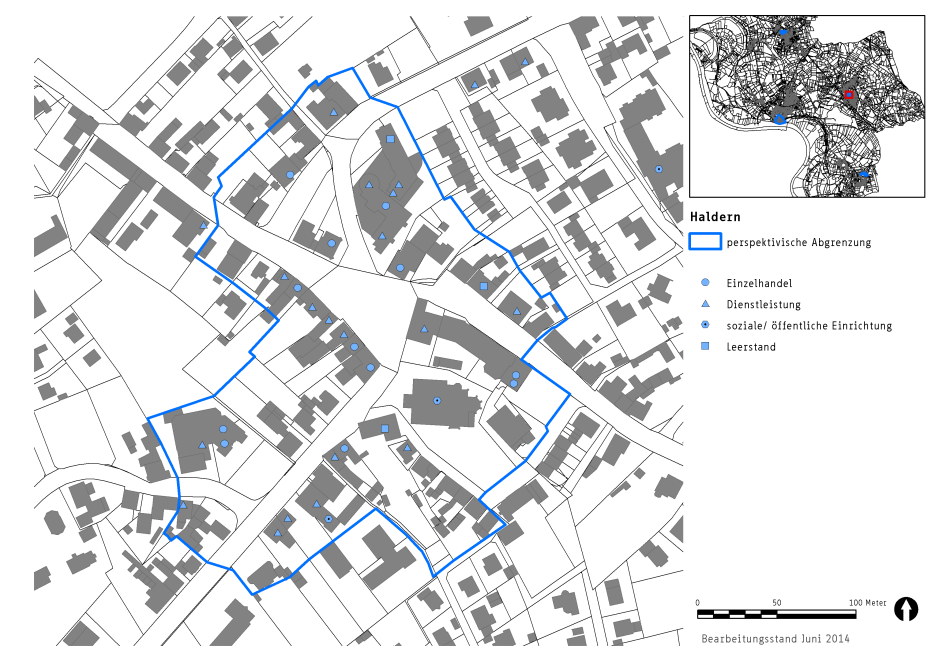 Karte 12: Nahversorgungszentrum Haldern Nahversorgungsfunktion erhalten und stärken Leerstände umnutzen Aufenthaltsqualität schaffen Querungsmöglichkeiten Fassaden sanieren/ gestalten aufwerten/
