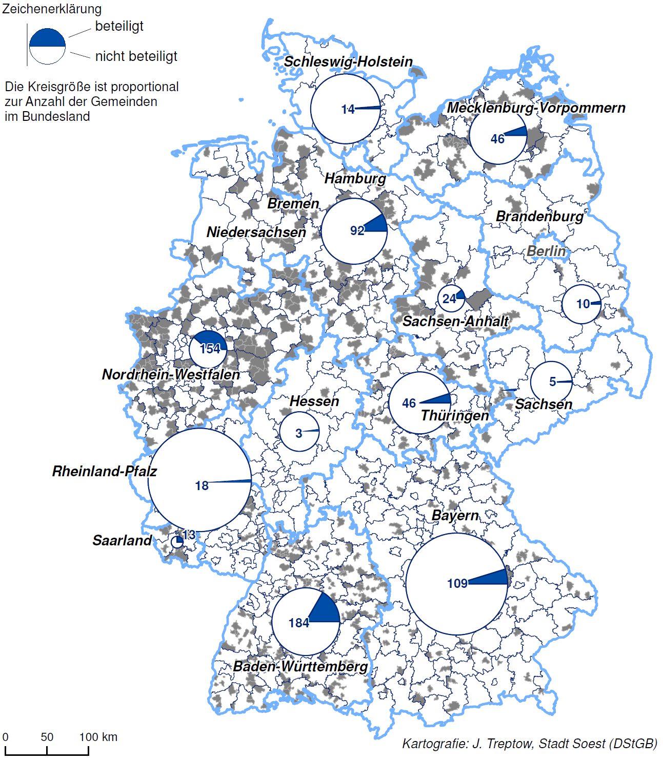 Insgesamt haben 74 Verbandsgemeinden sowie 644 kreisangehörige Städte und Gemeinden an der Umfrage teilgenommen.