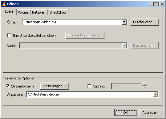 1.4 Video Stream Konfiguration 1.4.1 Video Stream Server Wählen Sie in folgendem Menü im VLC Player ein Video für den Stream
